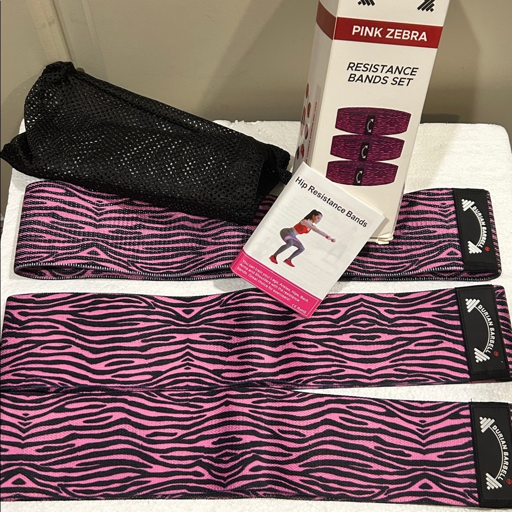 NIB Durian Barbell pink zebra print Set of 3 Resistance fitness exercise Bands